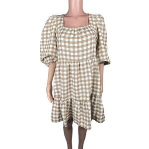 by the River tiered gingham babydoll dress, Large, neutral colors, puff sleeves‎